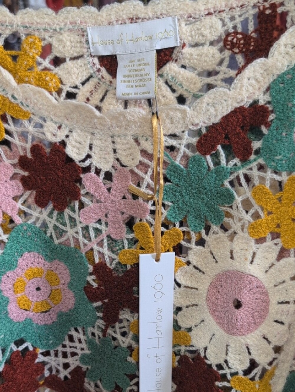 House Of Harlow 1960 Crochet Floral Fringe Sweater - Cream, Pink & Mustard - Picture 2 of 4